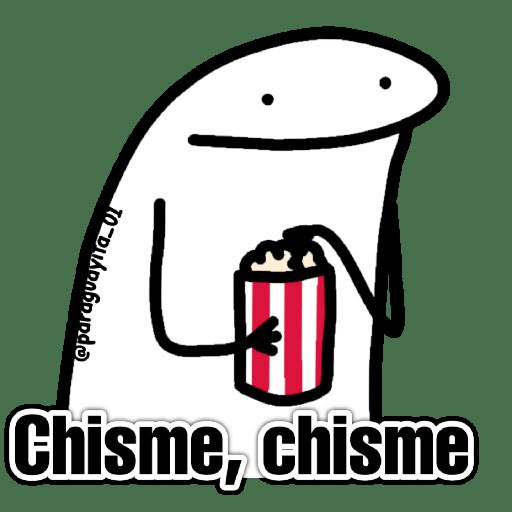 a cartoon character holding a popcorn box with the words, chisme, chisme