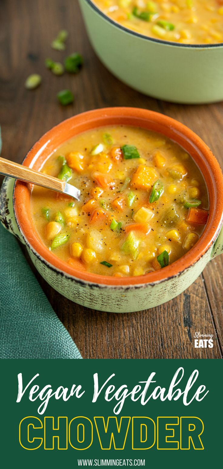 two bowls of vegetable chowder on a wooden table with text overlay that reads vegan vegetable chowder