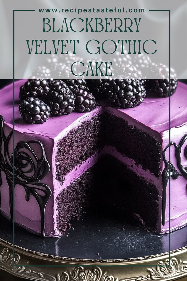 a cake with purple frosting and blackberries on top is shown in front of the words blackberry velvet gothic cake