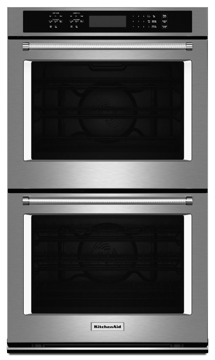 two stainless steel ovens side by side