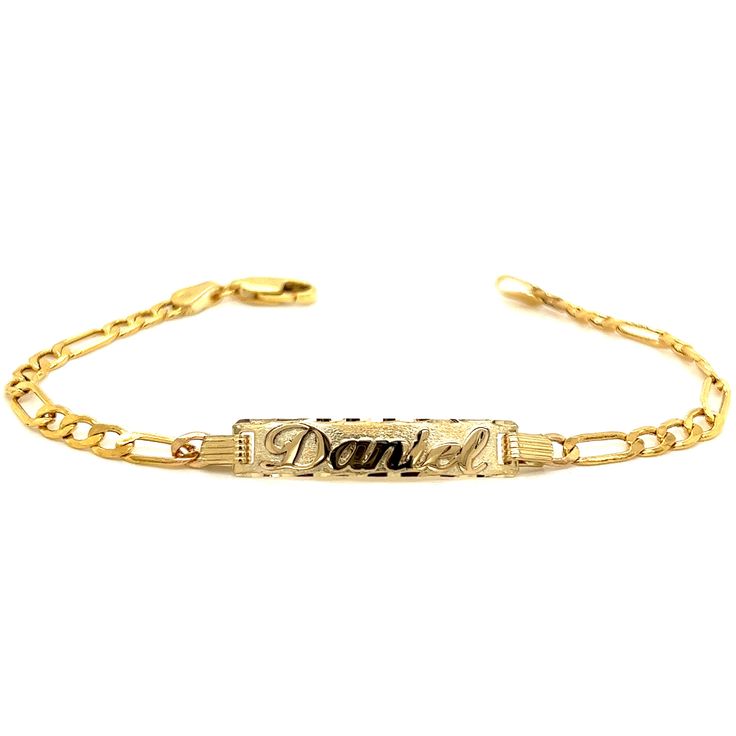 Cherish the Moment with our 14k Yellow Gold Kids ID Bracelet: Crafted in the timeless Solid Figaro style links, this bracelet is a symbol of elegance and love. We believe in the power of personalization. Your child's name is expertly cut from solid 14k Gold and elegantly overlaid on the bracelet, creating a one-of-a-kind accessory. Additionally, you have the option to engrave a significant date on the back of the nameplate, transforming this bracelet into a cherished keepsake.  Whether it's a bi Heirloom Yellow Gold Oval Link Bracelets, Heirloom Yellow Gold Oval Link Bracelet, Classic Rectangular Name Bracelet, Tarnish Resistant, Sterling Silver Bracelets For Promise, Sterling Silver Yellow Gold Bracelets For Promise, Classic Yellow Gold Nameplate Bracelet, Classic Engraved Oval Link Chain Bracelet, Yellow Gold Sterling Silver Bracelets For Promise, Timeless Gold Hallmarked Bracelets