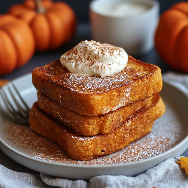 a stack of french toast topped with powdered sugar and whipped cream on a white plate