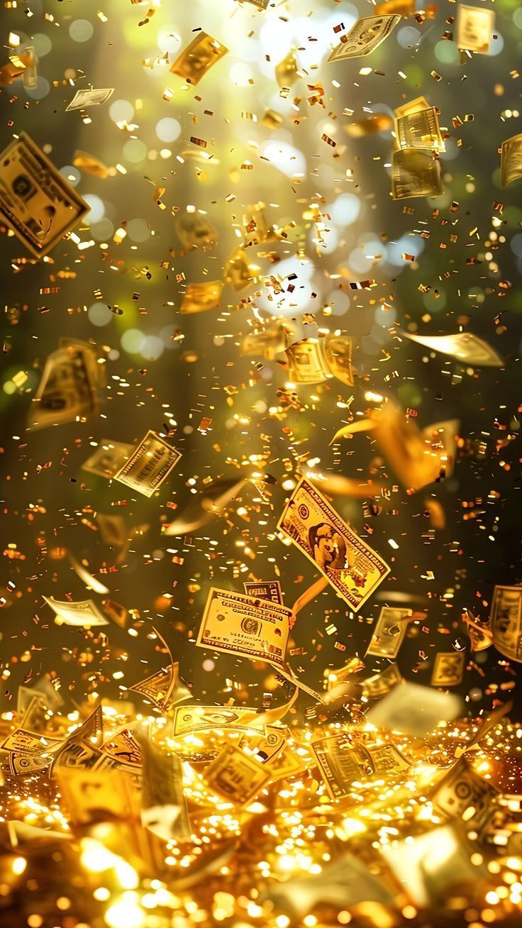 money falling down into the air with bright lights in the background and gold glitters on the floor