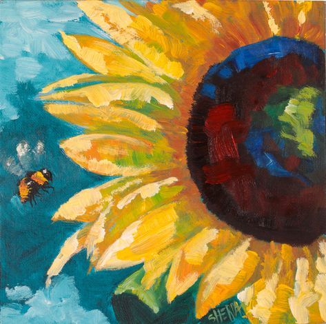 an oil painting of a sunflower and a bee