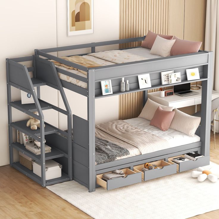 there is a bunk bed with a desk underneath it and shelves below the bed for storage