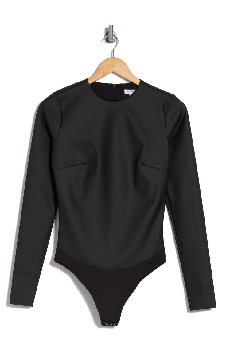 This sleek and sultry bodysuit is framed with long sleeves and crafted from rich matte knit fabric. 29" length (size Small) Back zip closure Jewel neck Long sleeves Lined 80% nylon, 20% elastane Machine wash, tumble dry Imported Minimal Stretch Long Sleeve Bodysuit For Fall, Long Sleeve Bodysuit With Minimal Stretch For Fall, Sleek Second-skin Bodysuit For Workwear, Sleek Second-skin Bodysuit For Work, Chic Long Sleeve Stretch Bodysuit, Stretch Long Sleeve Evening Bodysuit, Chic High Stretch Long Sleeve Bodysuit, Second-skin Long Sleeve Bodysuit For Work, Chic Bodysuit With Minimal Stretch For Night Out