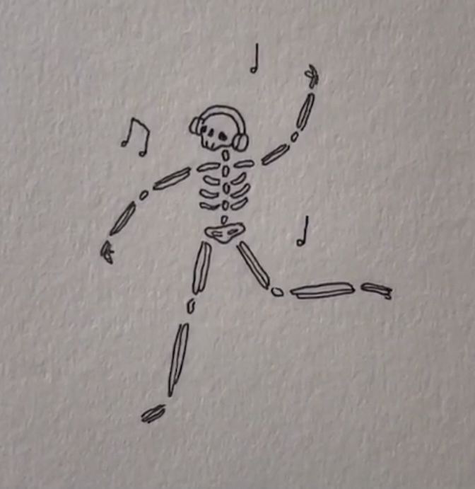 a drawing of a skeleton with headphones and music notes