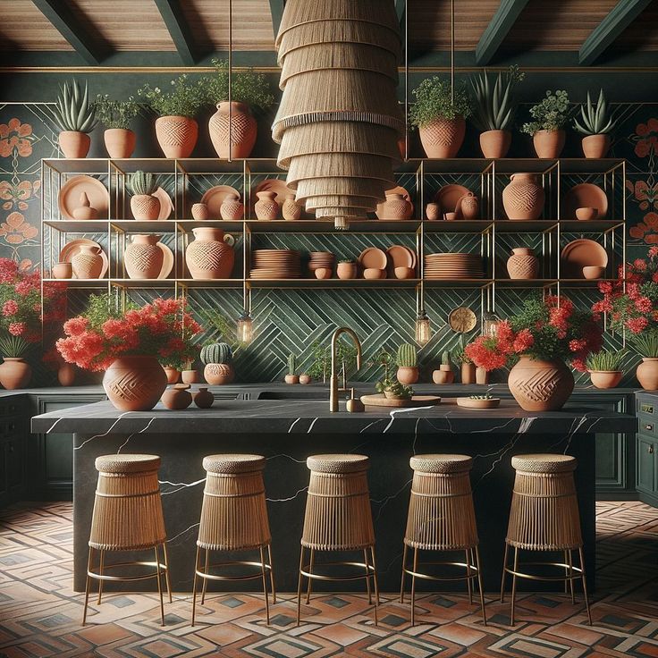 a kitchen filled with lots of potted plants and vases on the shelves above it