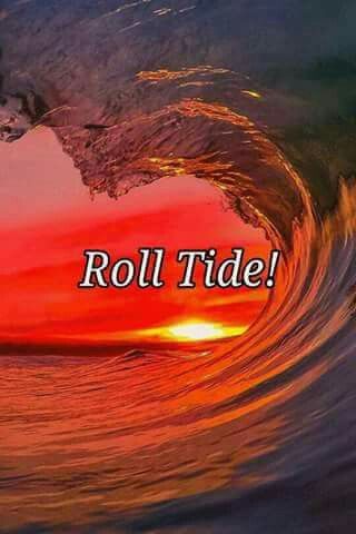 an ocean wave with the words roll tide in front of it and a sunset behind it