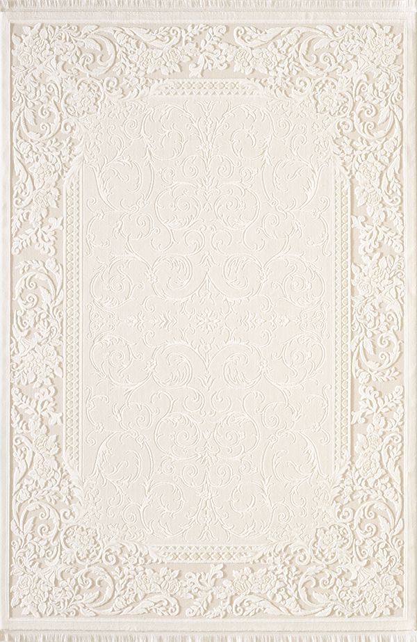 a white rug with an intricate design on it