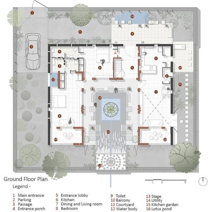 the ground plan for a house with an outdoor swimming pool