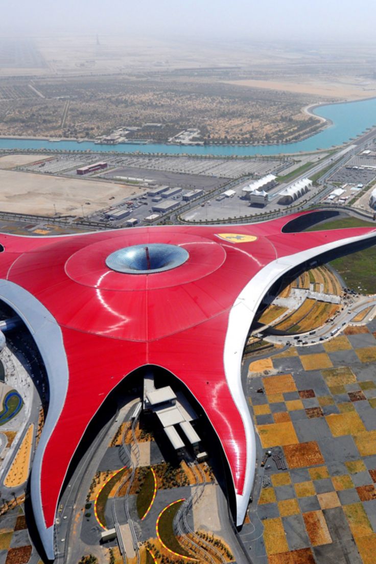 an aerial view of a red and white structure