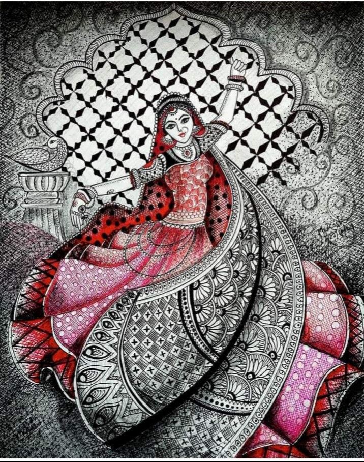 a drawing of a woman sitting on top of a bed with red and black designs