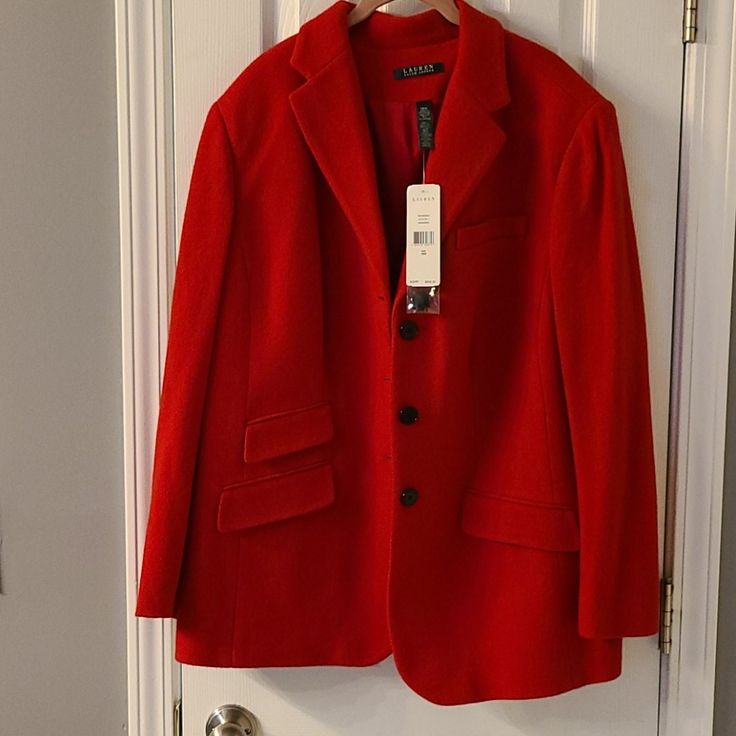 Madison Red Blazer 3 Button- 4 Pocket Blazer. Classic Red Outerwear With Notch Lapel, Classic Red Notch Lapel Outerwear, Red Blazer With Lapel Collar And Buttons, Red Business Outerwear With Buttons, Tailored Red Sport Coat For Winter, Classic Red Sport Coat For Winter, Classic Red Workwear Outerwear, Classic Red Outerwear For Work, Red Single-breasted Business Outerwear