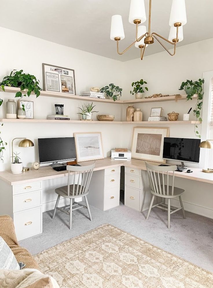 a home office with two computer desks and shelves on the wall above them, along with potted plants