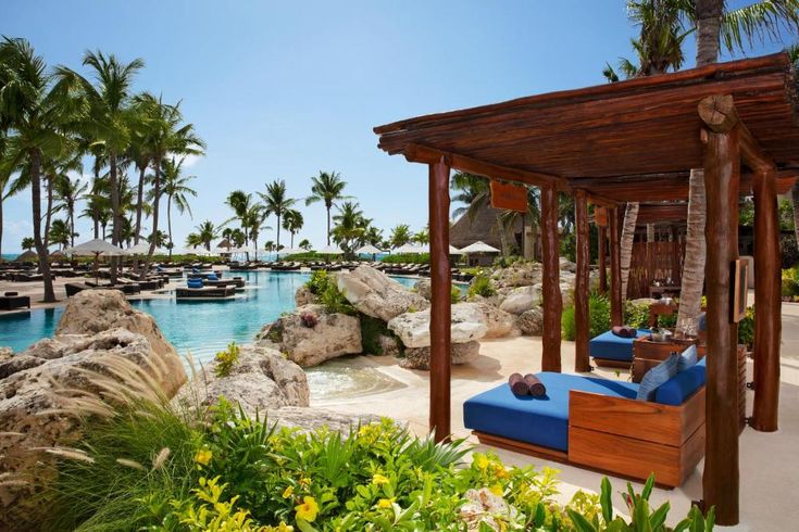 an outdoor pool with lounge chairs and palm trees