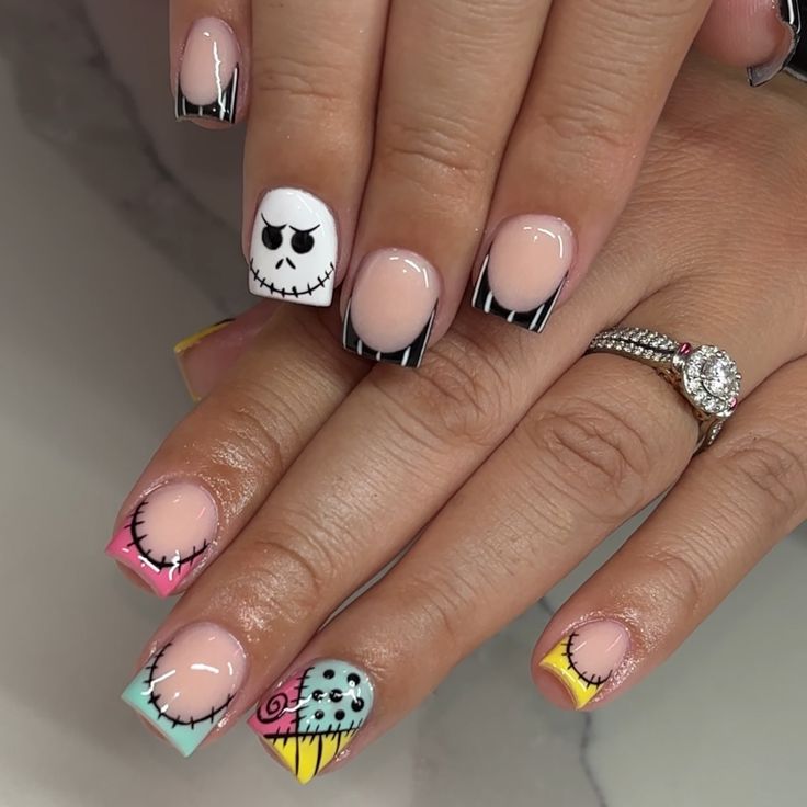 Short Jack & Sally Nail Inspo 🖤🩵 Sally And Jack Nails, Jack And Sally Nails Short, Jack And Sally Nails Art, Jack And Sally Nail Designs, Jack Skellington Nails Short, Night Before Christmas Nails, Jack And Sally Nails, Nightmare Before Christmas Short Almond Nails, Jack Skellington Nails