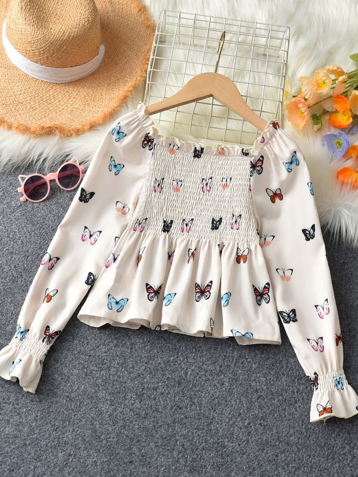 Tween Girl Butterfly Print Flounce Sleeve Peplum Blouse Apricot Cute  Long Sleeve Fabric Animal,Floral,Plants Peplum Non-Stretch  Tween Girls Clothing, size features are:Bust: ,Length: ,Sleeve Length: Fabric Butterfly, Girls Blouse, Peplum Blouse, Blue Makeup, Flounce Sleeve, Kids Sleepwear, Butterfly Print, Girl Top, Girls Clothing