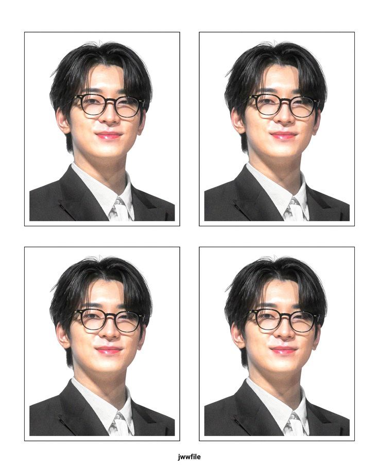 four pictures of a man wearing glasses and a suit with three different angles to show the same person's face