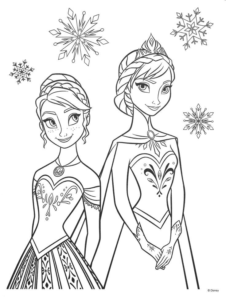 two frozen princesses with snowflakes in the background