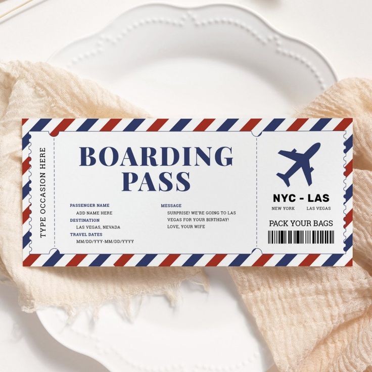 a boarding pass sitting on top of a white plate