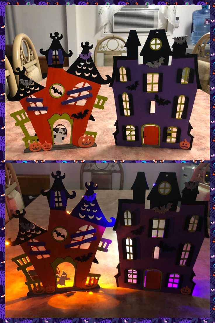 two pictures of halloween houses with bats and pumpkins on the top one is purple