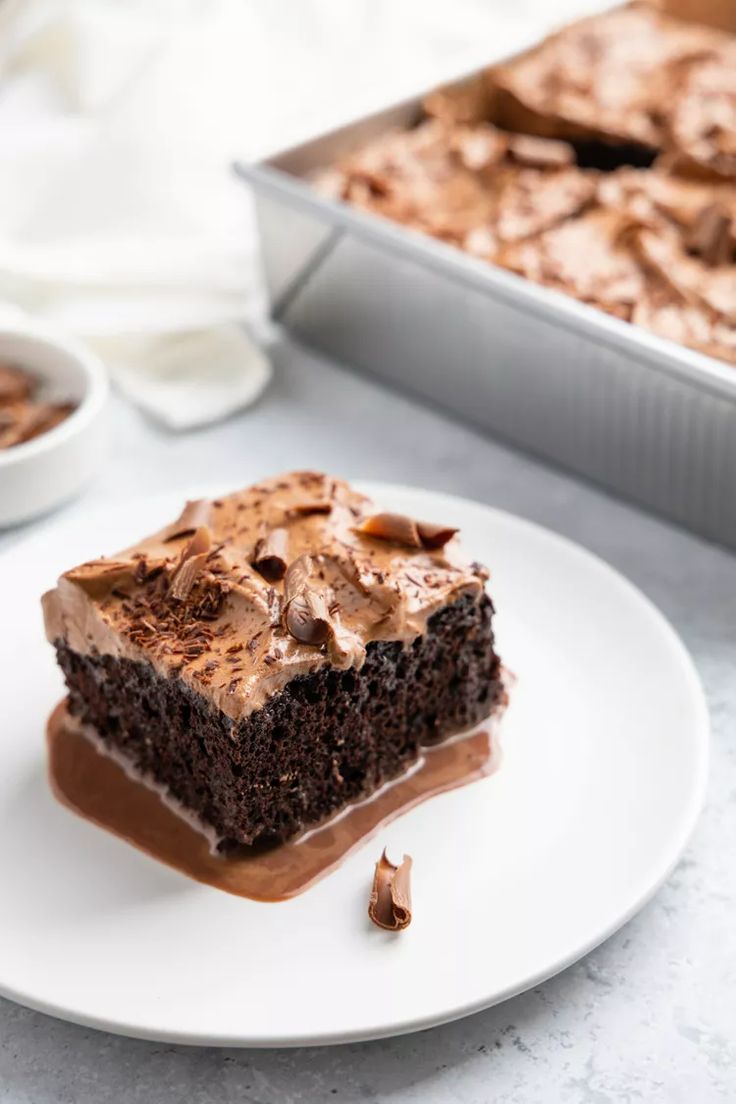 a piece of chocolate cake on a white plate next to a pan of baked goods