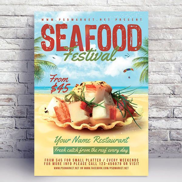 a seafood festival flyer is shown on a brick wall with an image of food in the background