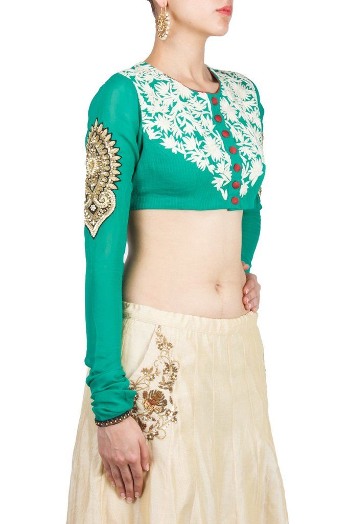 Sea Green Colour blouse in gorgette fabric Wedding Collection For Women, Sea Green Colour, White Thread Embroidery, Kurta Pants, Latest Designer Dresses, Choli Blouse, Sea Green Color, Zari Embroidery, Lehenga Online