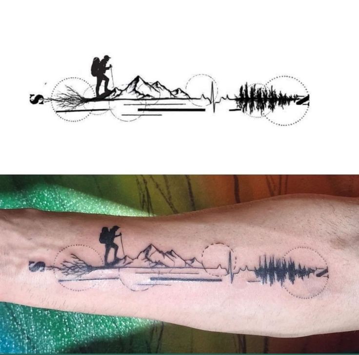 a person with a tattoo on their arm next to an image of a man holding a surfboard