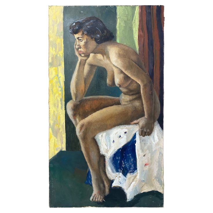 a painting of a naked man sitting on a bed