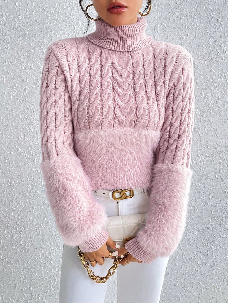 Turtleneck Fuzzy Panel Cable Knit Sweater Pink Casual  Long Sleeve Knitwear Plain Pullovers High Stretch  Women Clothing, size features are:Bust: ,Length: ,Sleeve Length: Trendy Textured Knit Cropped Sweater With Long Sleeves, Fitted Acrylic Sweater For Cold Weather, Textured Knit Cropped Long Sleeve Sweater, Textured Knit Long Sleeve Cropped Sweater, Stretch Long Sleeve Winter Sweater, Fitted Chunky Knit Acrylic Sweater, Stretch Long Sleeve Sweater For Winter, Textured Knit Acrylic Long Sleeve Outerwear, Textured Knit Acrylic Outerwear With Long Sleeves