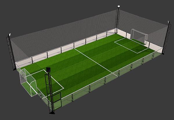 a 3d rendering of a soccer field with goal posts and lights on the sidelines