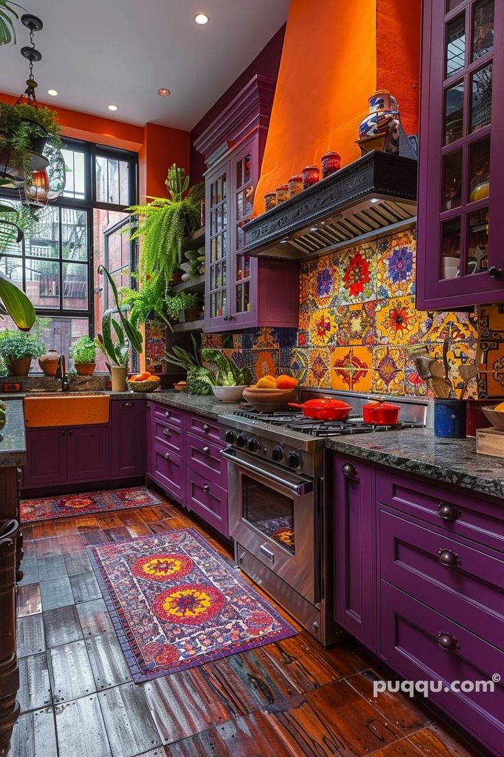 an orange and purple kitchen with lots of potted plants in the window sill