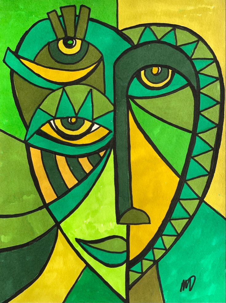 a painting with green, yellow and blue colors on the subject is a woman's face