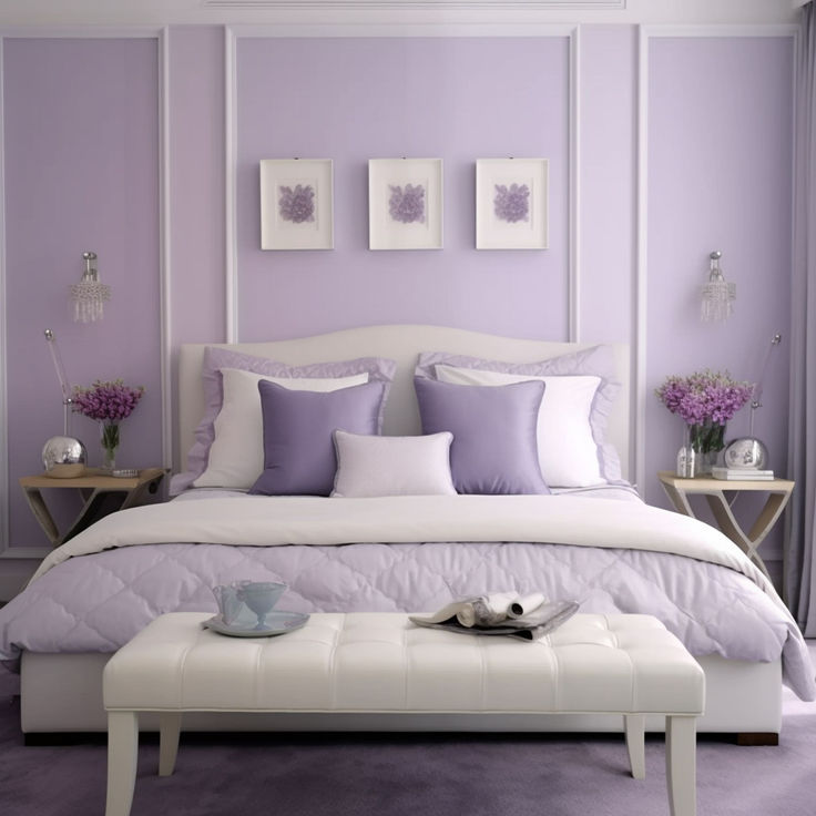 a bedroom with purple walls, white furniture and pillows on the bed is decorated in lavender hues