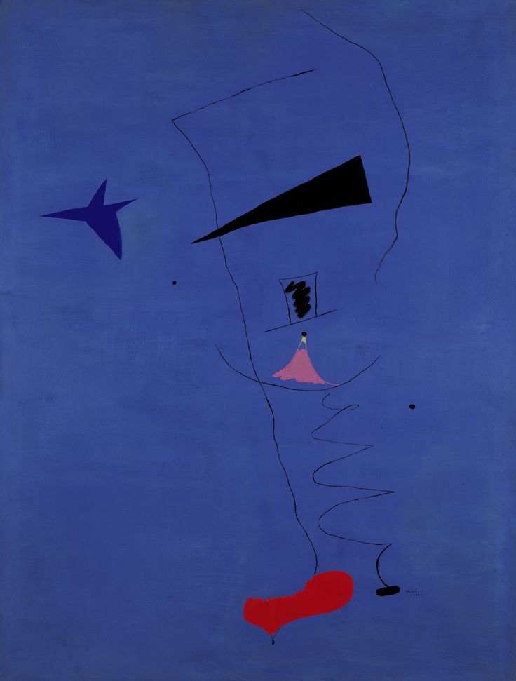 an abstract painting with blue, red and black shapes in the center is a man's face