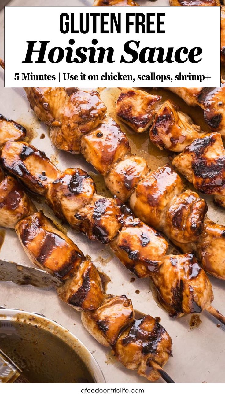 grilled chicken on skewers with text that reads gluten free hoisin sauce