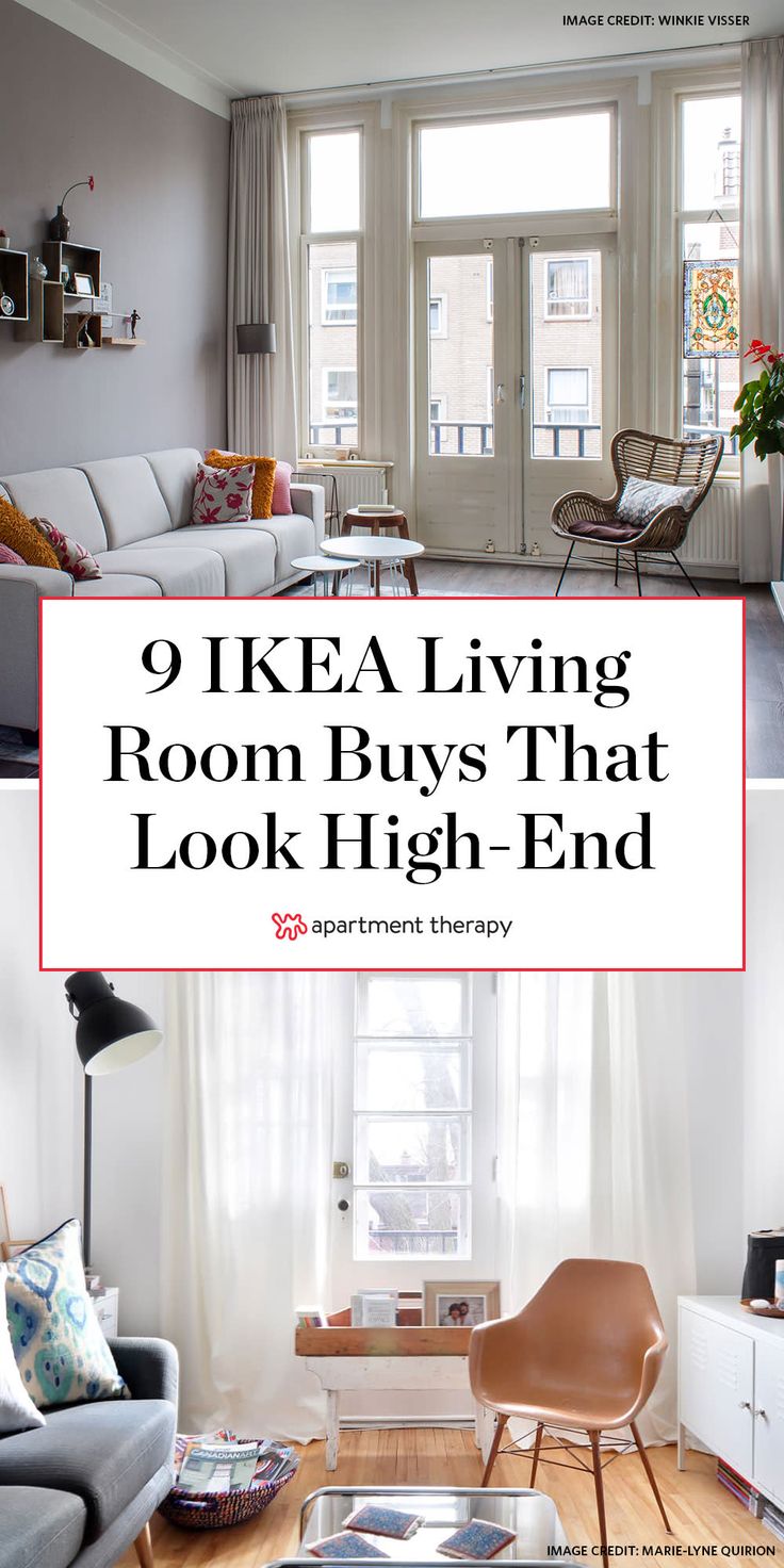 a living room with white walls and furniture in it, the words 9 ikea living room buys that look high - end