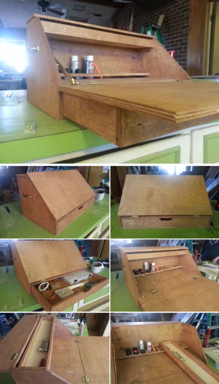 there are many different pictures of the workbench that is made out of wood