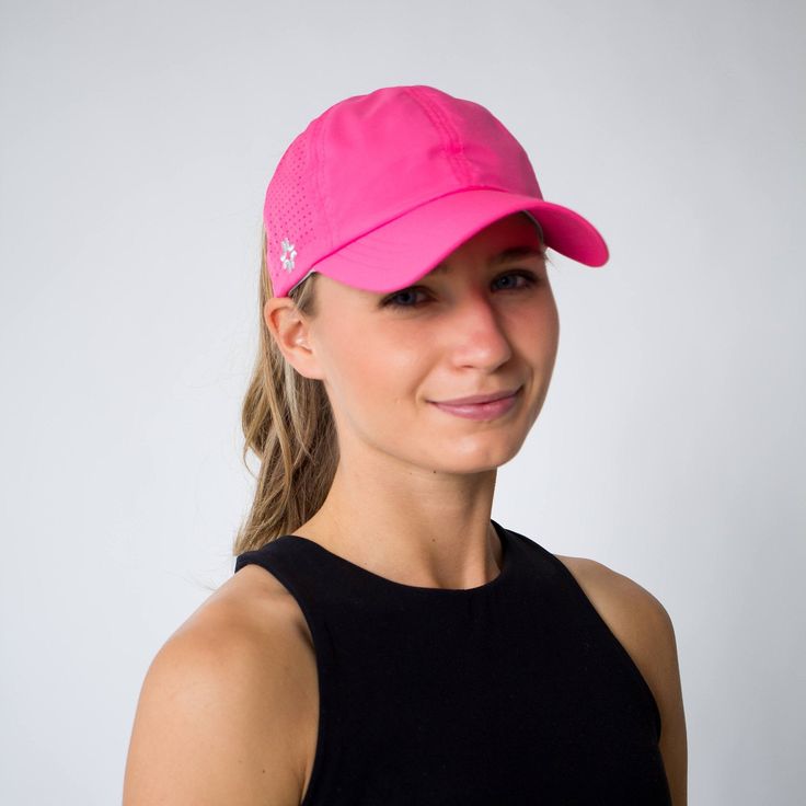 PUBLISHED PATENT REGISTERED TRADEMARK HOT PINK High Ponytail Hat, UPF 50 + SunGoddess Design allows you to move the circle up & down and wear your hair at ANY HEIGHT! Let your cap adjust to YOU! PATENTED athleisure cap for WOMEN by WOMEN! Female Fit. Function. Style. Fit = custom fit molded specifically for a women's head Function = Fits ANY HEIGHT PONY or FUNCKY BUN, moisture-wicking, UPF 50+, tapered panels for stability, keeps you cool and comfortable Style = innovative and streamlined A Women Baseball Hat, Ponytail Cap, Baseball Cap Women, Women Baseball, Cap Women, Ponytail Hat, Female Head, Women Hat, High Ponytail