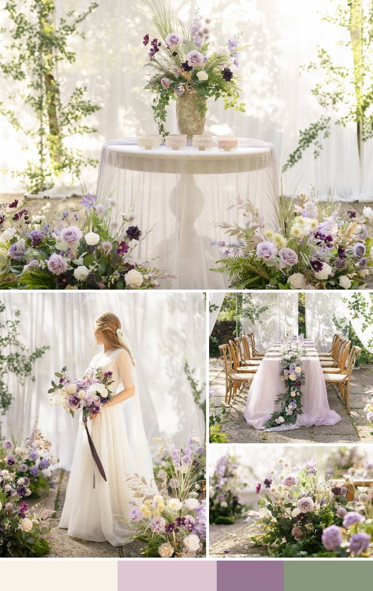 a collage of photos with flowers and table cloths