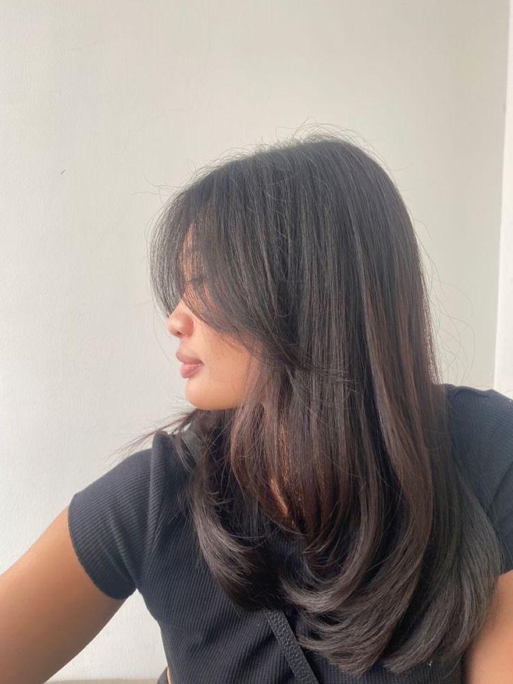 Layered Haircut With Curtain Bangs Asian, Curtain Bangs Asian Round Face, Haircut Curtain Bangs Long Hair, Haircuts For Medium Black Hair, Layered Long Hair Round Face, Curtain Bangs Straight Hair Asian, Short Straight Thick Haircut, Simple Mid Length Haircut, Long Haircuts With Bangs Straight Hair