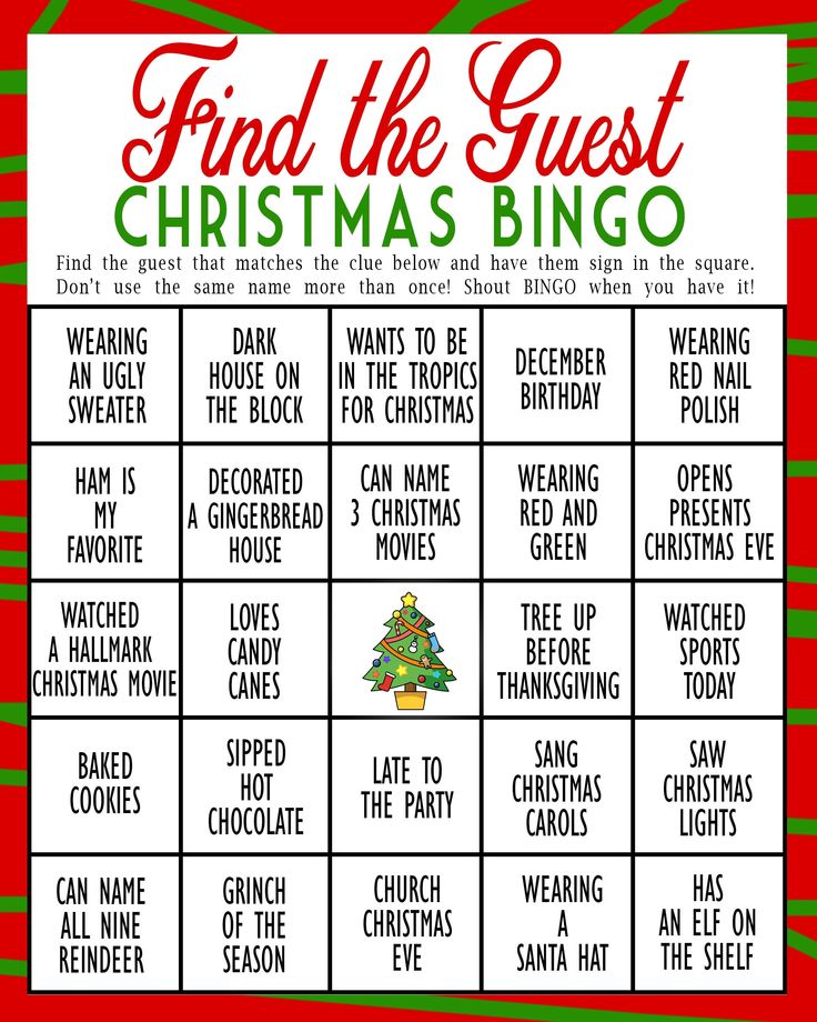 a christmas game with words that read find the guest christmas bingo and then print it out