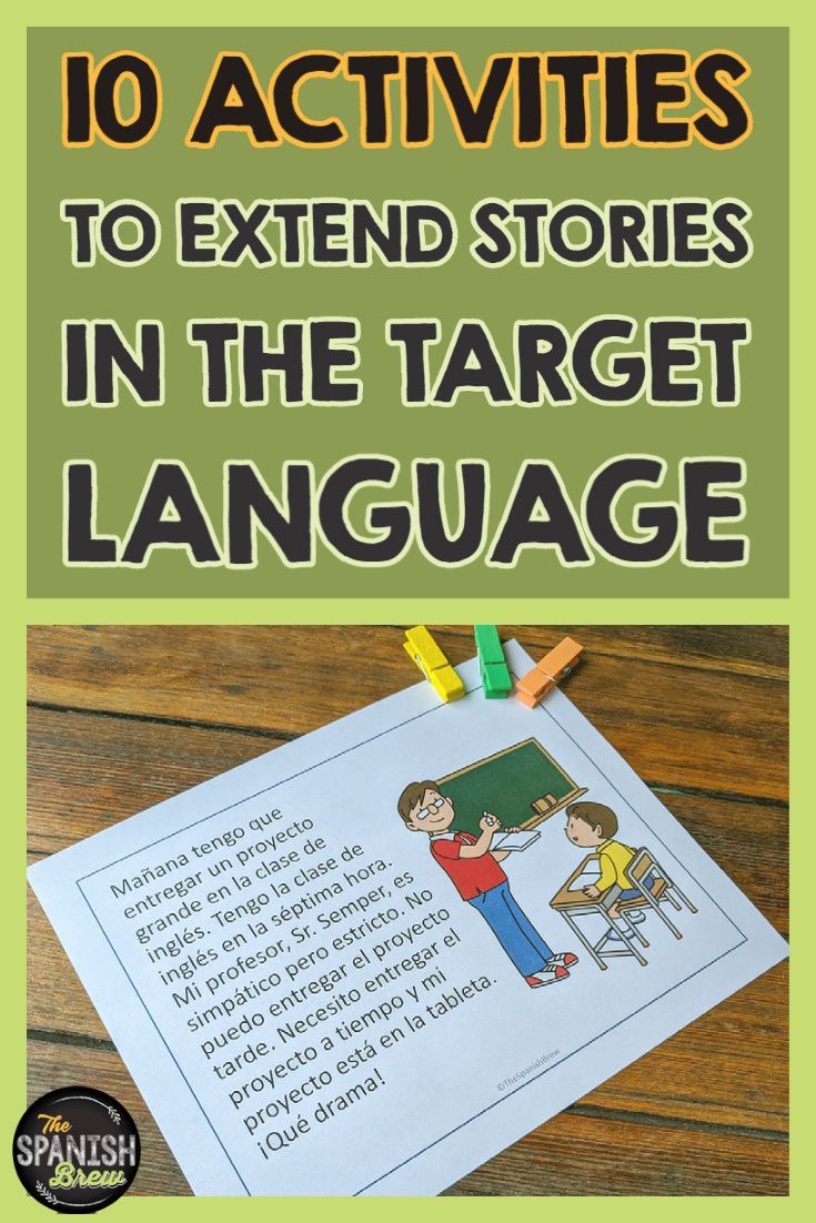 the text reads 10 activities to extend stories in the target language, with an image of a