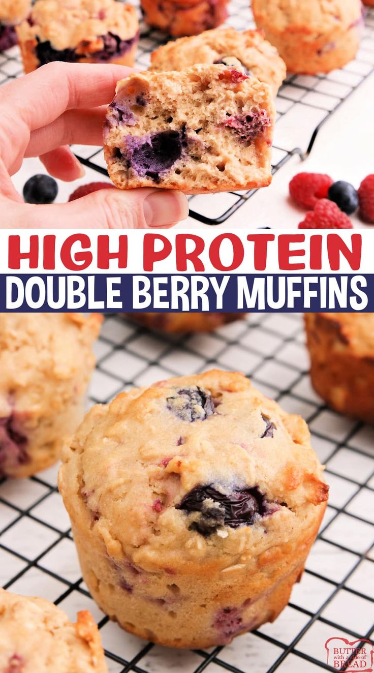 blueberry muffins on a cooling rack with the text high protein double berry muffins