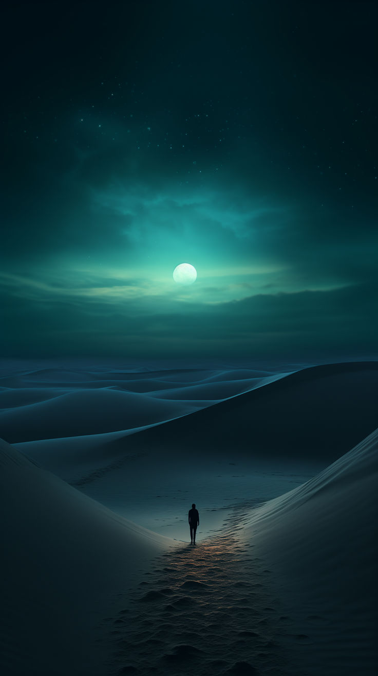 a person standing on top of a snow covered slope under a full moon filled sky