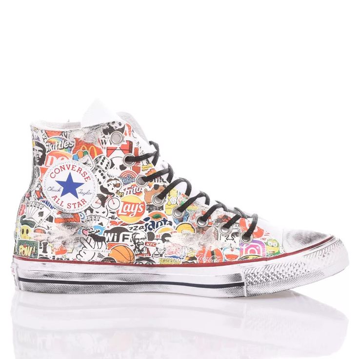 Converse Sticker Graffiti is the custom street-themed sneaker for men and women, with printed fabric sewn on the sides representing the multitude of stickers found on streets all over the world. Giving it a true street vibe are the smudges and scuffs covering the shoe. Converse Sticker Graffiti will be provided with black rope laces in addition to its original white ones. Casual Graphic Print Sneakers For Streetwear, Casual Custom Sneakers With Logo For Streetwear, Casual Streetwear Custom Sneakers With Logo Print, Casual High-top Sneakers With Logo Print For Streetwear, Trendy Low-top Custom Sneakers With Graphic Print, Urban Custom Sneakers With Logo For Streetwear, Casual Sneakers With Graffiti Print For Streetwear, Trendy Graphic Print Low-top Custom Sneakers, Casual Multicolor Sneakers With Graphic Print