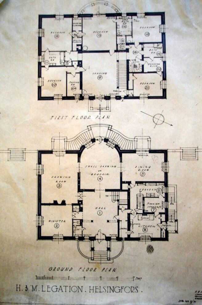 an old blueprint shows the floor plan for a house with two floors and three stories