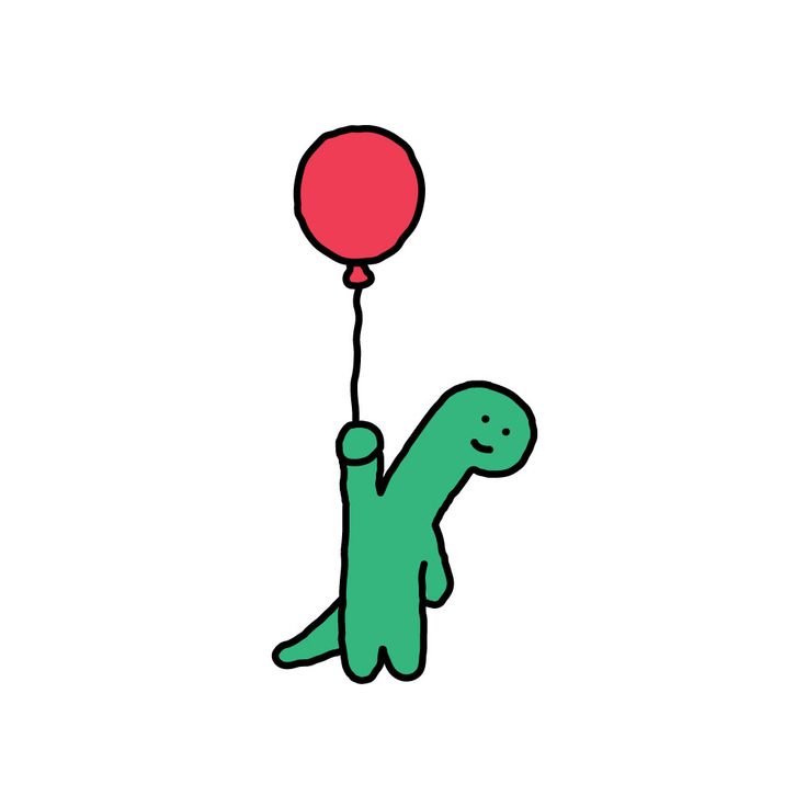 a drawing of a green dinosaur holding a red balloon